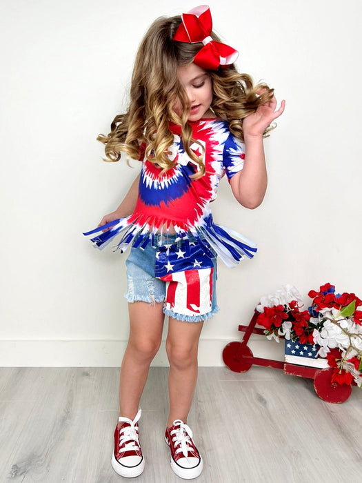 Mia Belle Girls USA Fringe Top and Flag Denim Short Set