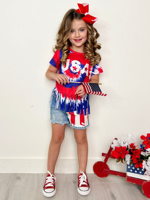 Mia Belle Girls USA Fringe Top and Flag Denim Short Set