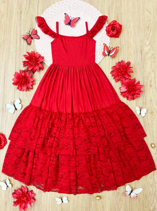 Mia Belle Girls Ruby Red Tiered Lace Ruffle Maxi Dress