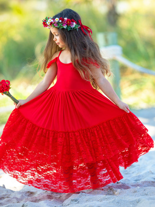 Mia Belle Girls Ruby Red Tiered Lace Ruffle Maxi Dress