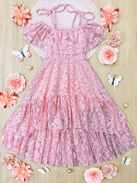Mia Belle Girls Cherry Blossom Pink Cold Shoulder Maxi Sundress