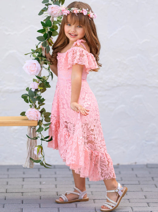 Mia Belle Girls Cherry Blossom Pink Cold Shoulder Maxi Sundress