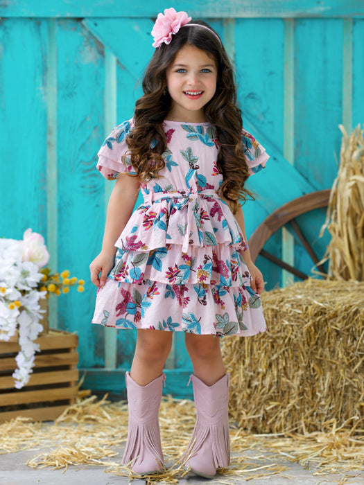 Mia Belle Girls Garden Party Pink Floral Tiered Ruffle Dress