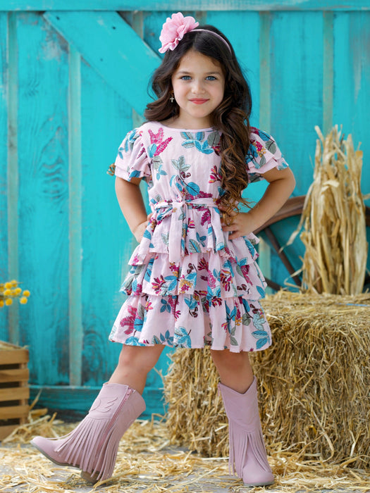 Mia Belle Girls Garden Party Pink Floral Tiered Ruffle Dress