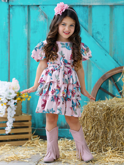 Mia Belle Girls Garden Party Pink Floral Tiered Ruffle Dress