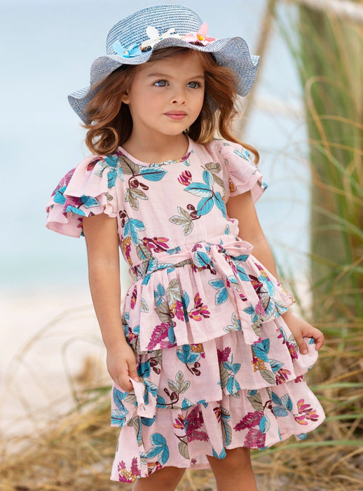 Mia Belle Girls Garden Party Pink Floral Tiered Ruffle Dress