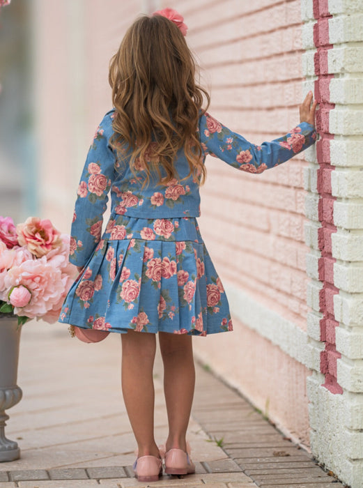 Mia Belle Girls Trailblazer Chambray Floral Blazer and Skirt Set