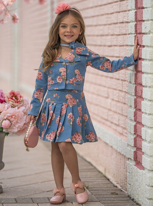 Mia Belle Girls Trailblazer Chambray Floral Blazer and Skirt Set