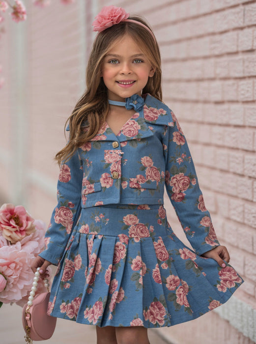 Mia Belle Girls Trailblazer Chambray Floral Blazer and Skirt Set