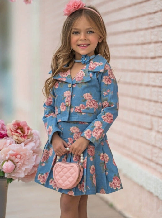 Mia Belle Girls Trailblazer Chambray Floral Blazer and Skirt Set