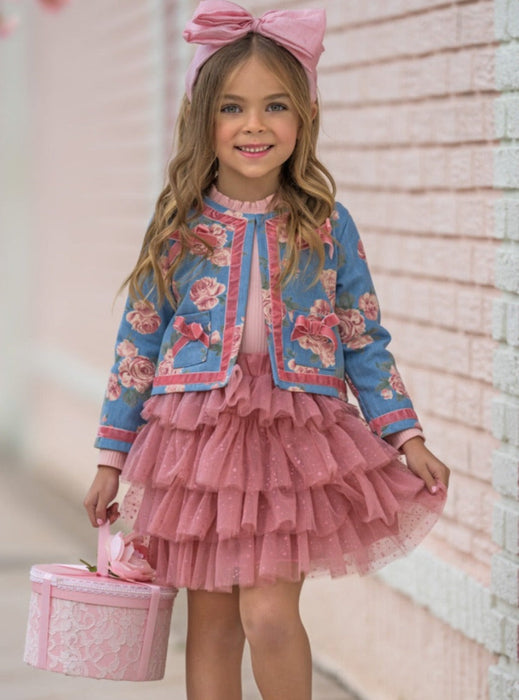 Mia Belle Girls Blushing Blooms Matching Blazer and Tutu Skirt Set