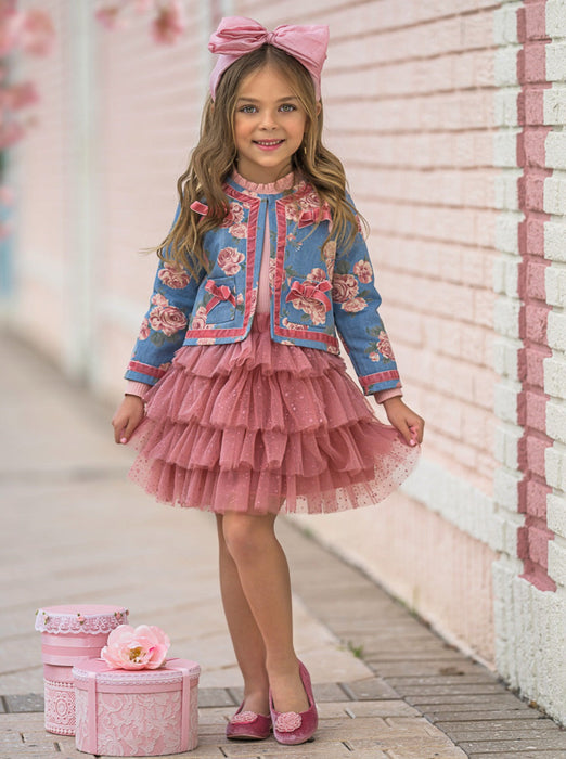 Mia Belle Girls Blushing Blooms Matching Blazer and Tutu Skirt Set