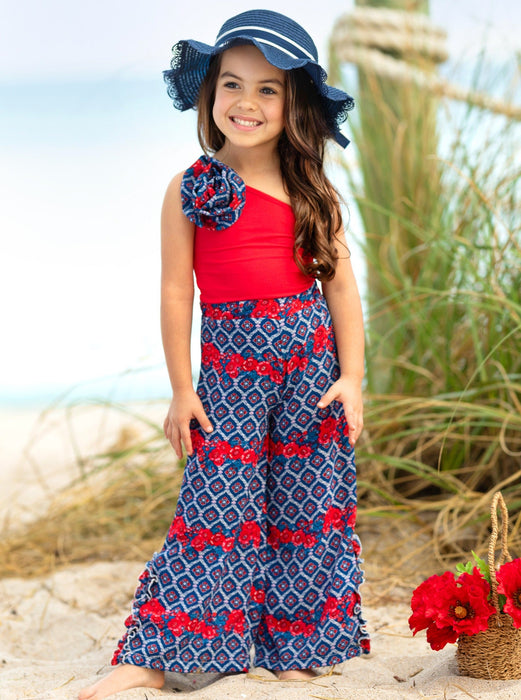 Mia Belle Girls Sassy Summertime Rosettte Top and Matching Palazzo Pants Set