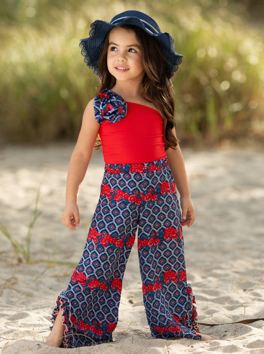 Mia Belle Girls Sassy Summertime Rosettte Top and Matching Palazzo Pants Set