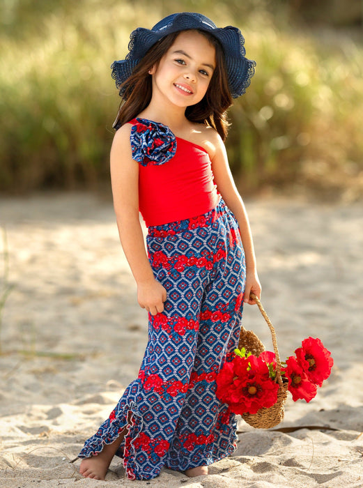 Mia Belle Girls Sassy Summertime Rosettte Top and Matching Palazzo Pants Set