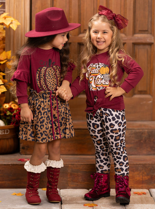 Mia Belle Girls Fierce Pumpkin Vibes Leopard Skirt Set