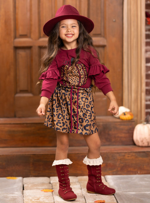 Mia Belle Girls Fierce Pumpkin Vibes Leopard Skirt Set