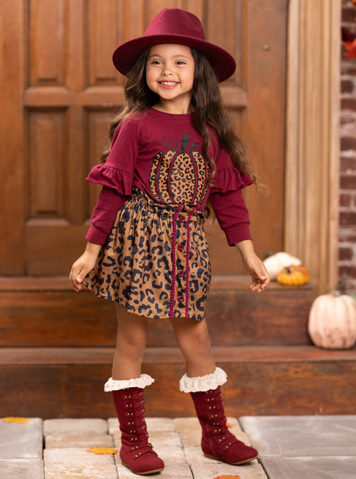 Mia Belle Girls Fierce Pumpkin Vibes Leopard Skirt Set