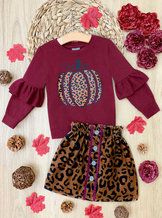 Mia Belle Girls Fierce Pumpkin Vibes Leopard Skirt Set