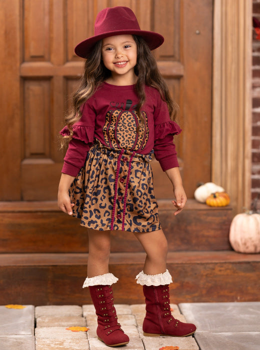 Mia Belle Girls Fierce Pumpkin Vibes Leopard Skirt Set