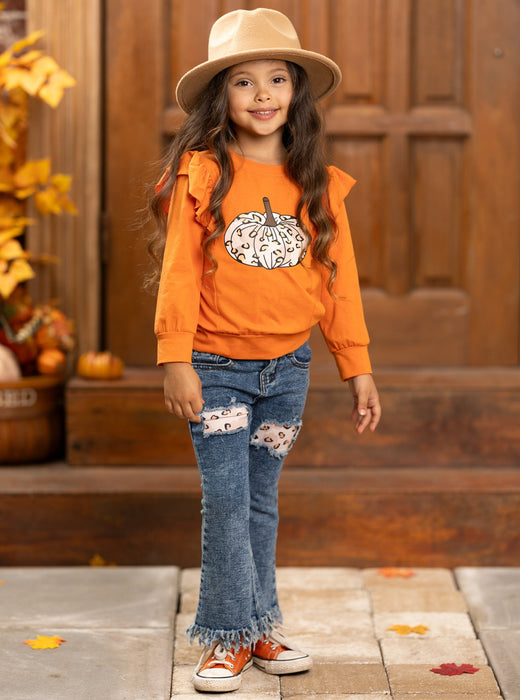 Mia Belle Girls Pumpkin Party Patched Fringe Jeans Set