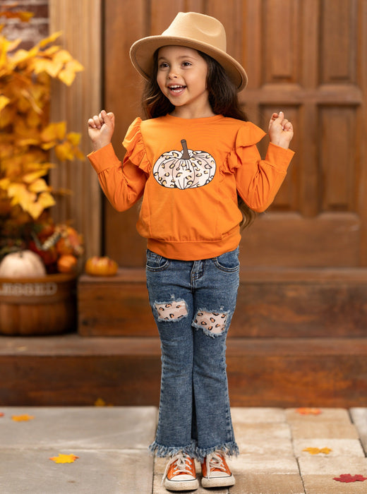 Mia Belle Girls Pumpkin Party Patched Fringe Jeans Set