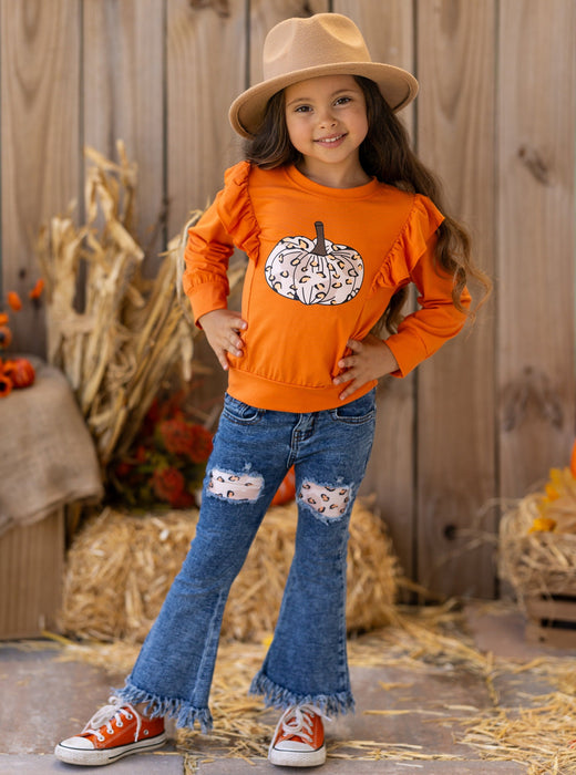 Mia Belle Girls Pumpkin Party Patched Fringe Jeans Set