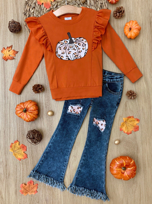 Mia Belle Girls Pumpkin Party Patched Fringe Jeans Set