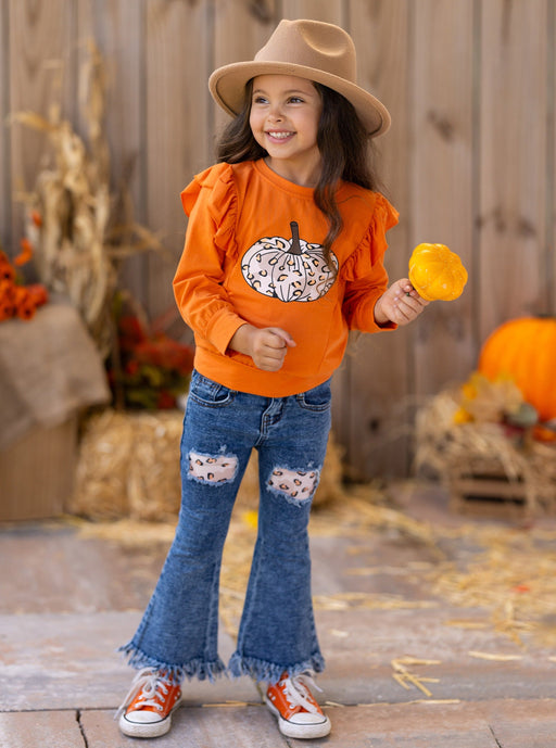 Mia Belle Girls Pumpkin Party Patched Fringe Jeans Set