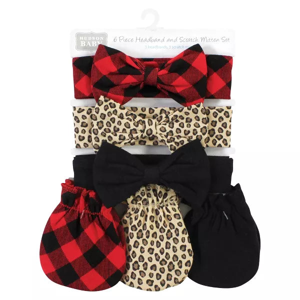 Hudson Baby Cotton Headband and Scratch Mitten Set, Buffalo Plaid Leopard