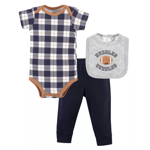 Hudson Baby Cotton Bodysuit, Pant and Bib Set, Football Huddles