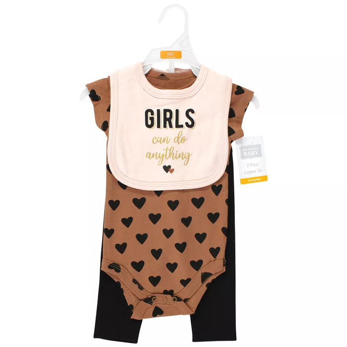 Hudson Baby Girl Baby Cotton Bodysuit, Pant and Bib Set, Cinnamon Hearts