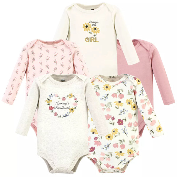 Hudson Baby Cotton Long-Sleeve Bodysuits, Soft Painted Floral, 5-Pack