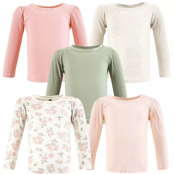 Hudson Baby Thermal Long Sleeve Tees 5 Pack, Soft Pink Sage Rose