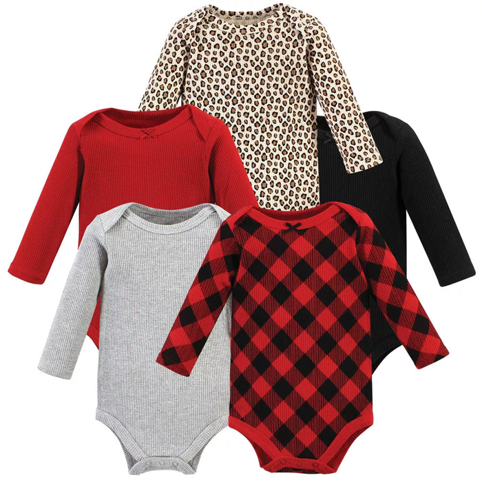 Hudson Baby Thermal Long Sleeve Bodysuits, Buffalo Plaid Leopard, 5-Pack