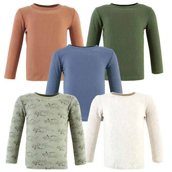 Hudson Baby Thermal Long Sleeve Tees 5 Pack, Sage Dinosaur