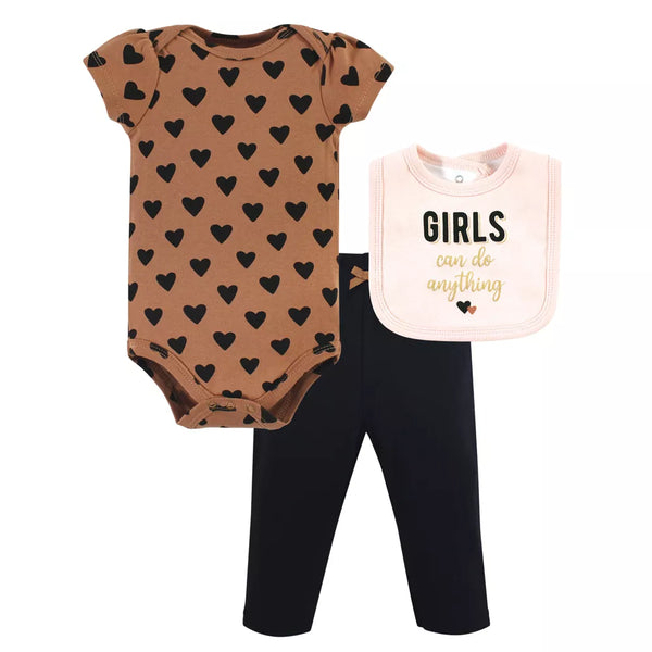 Hudson Baby Girl Baby Cotton Bodysuit, Pant and Bib Set, Cinnamon Hearts