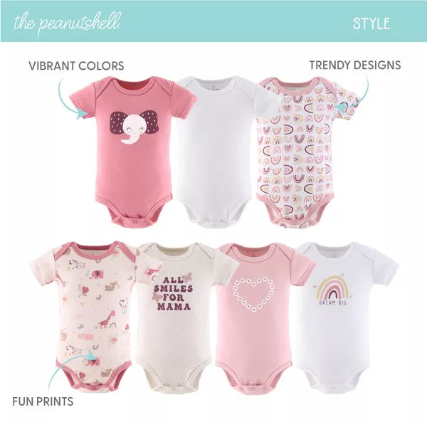 The Peanutshell Short Sleeve Baby Bodysuits for Girls, Rainbow Safari, 7-Pack