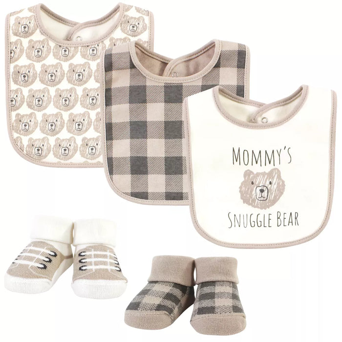 Hudson Baby Cotton Bib and Sock Set, Snuggle Bear, One Size