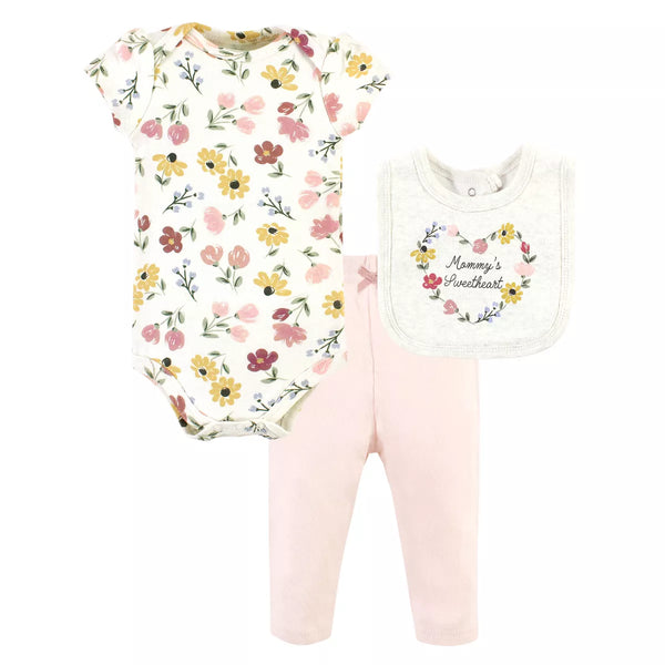 Hudson Baby Girl Baby Cotton Bodysuit, Pant and Bib Set, Soft Painted Floral