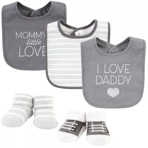 Hudson Baby Cotton Bib and Sock Set, I Love Grey, One Size