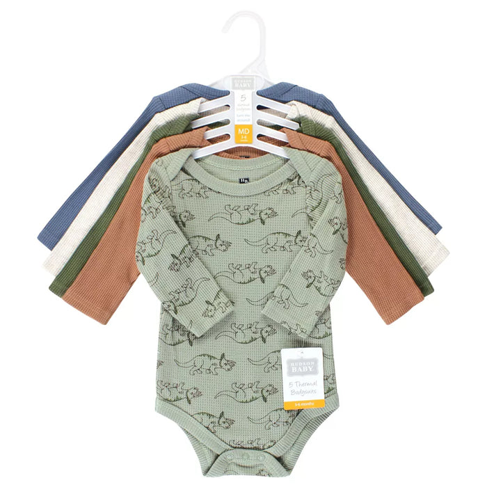 Hudson Baby Thermal Long Sleeve Bodysuits, Sage Dinosaur, 5-Pack