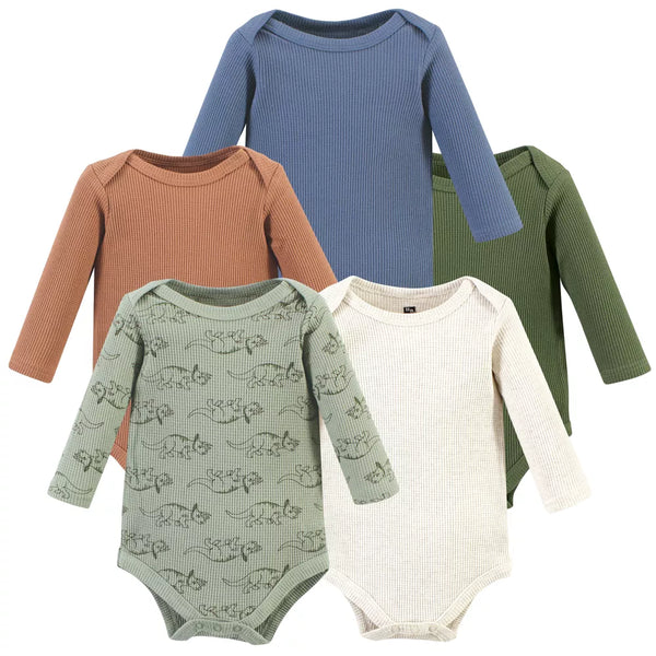 Hudson Baby Thermal Long Sleeve Bodysuits, Sage Dinosaur, 5-Pack