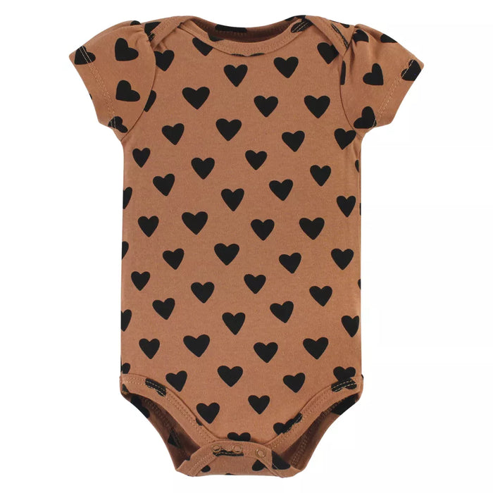 Hudson Baby Girl Baby Cotton Bodysuit, Pant and Bib Set, Cinnamon Hearts