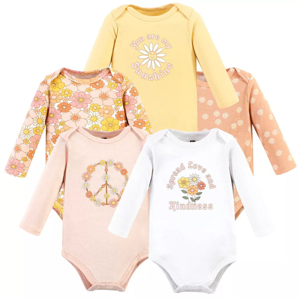 Hudson Baby Cotton Long-Sleeve Bodysuits, Peace Love Flowers, 5-Pack