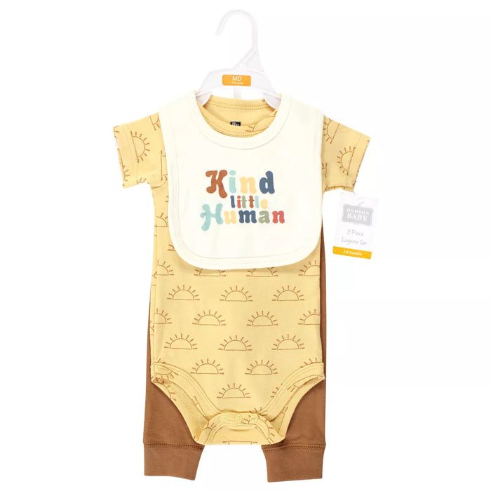 Hudson Baby Cotton Bodysuit, Pant and Bib Set, Kind Human