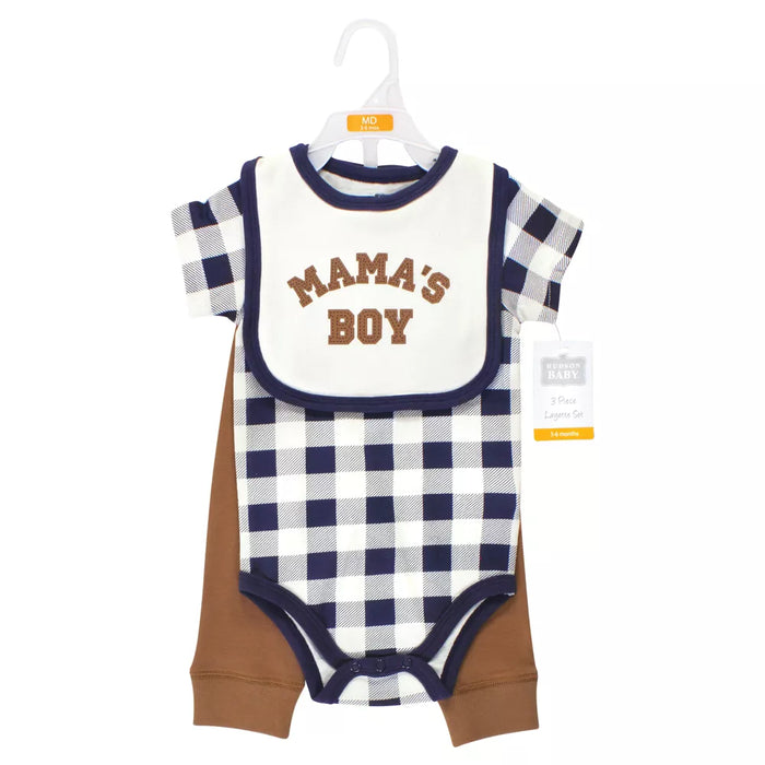 Hudson Baby Cotton Bodysuit, Pant and Bib Set, Brown Navy Mamas Boy