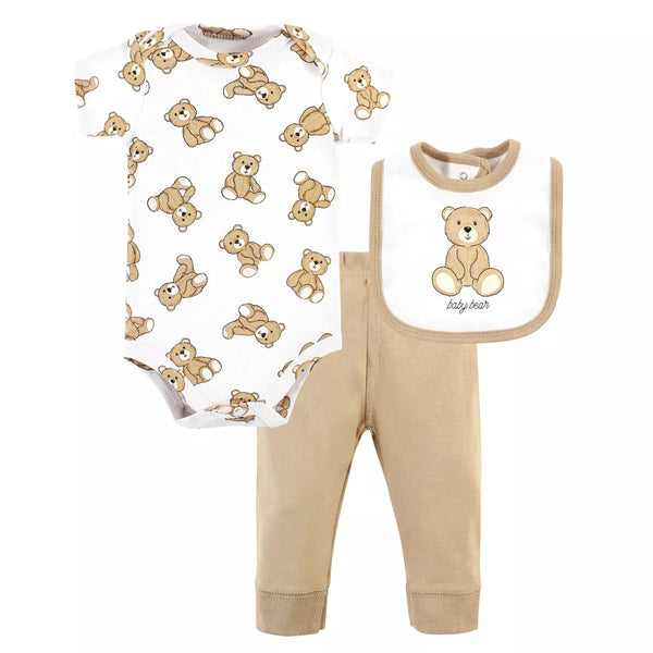 Hudson Baby Cotton Bodysuit, Pant and Bib Set, Teddy Bears