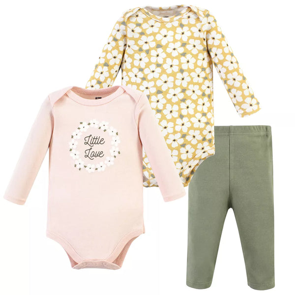 Hudson Baby Cotton Bodysuit and Pant Set, Sage Floral Wreath