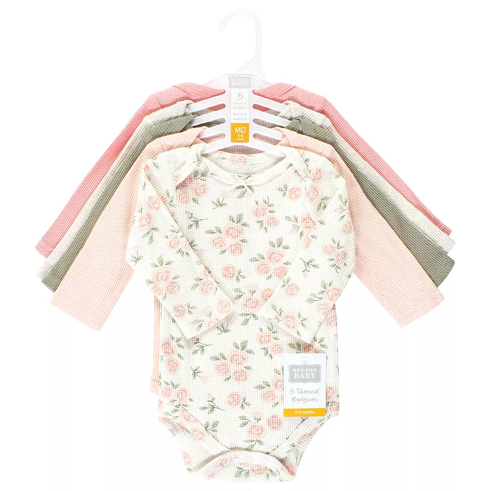 Hudson Baby Thermal Long Sleeve Bodysuits, Soft Pink Sage Rose, 5-Pack
